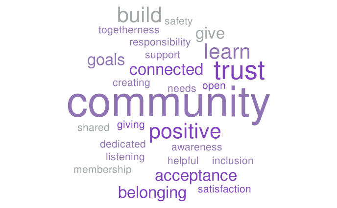 This WordCloud image highlights key aspects of community, emphasizing words like build, trust, learn, positive, belonging, goals, and connected.