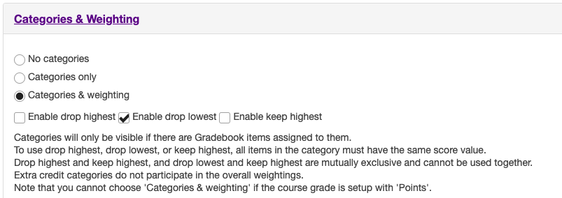 A view of the Categories and Weighting tab within the Gradebook Settings
