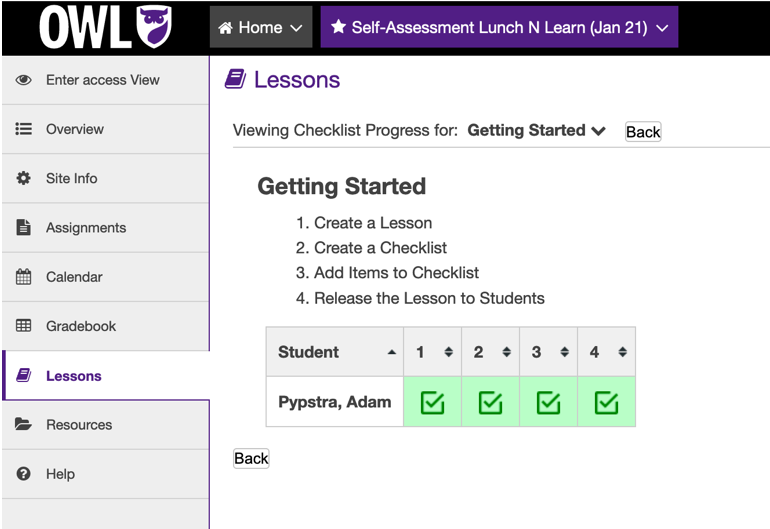 Above: An instructor’s view of students’ progress on a Lessons Checklist (note, there is currently only one student represented here. Typically you would see a list of all students)