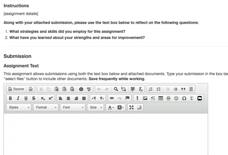 An example of an assignment submission that includes an in-line text submission. Note the instructions provided to students including guiding questions