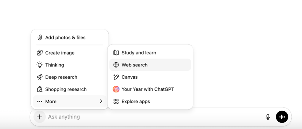 Screenshot of the ChatGPT Interface showing the option menu and how to access “Web Search” under the “More” option.