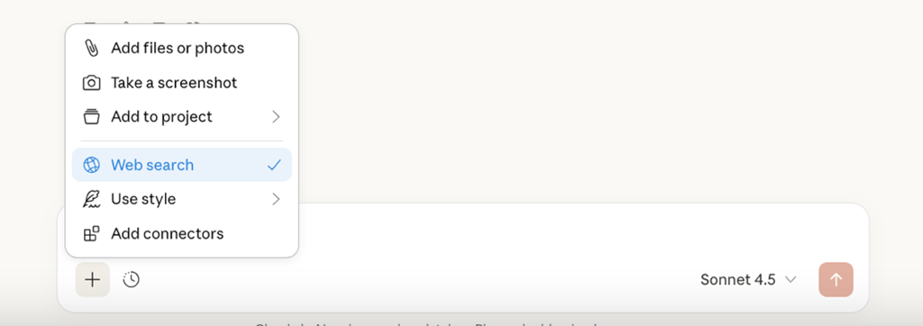 Screenshot of the Claude interface showing the “Web Search” option under the settings menu.