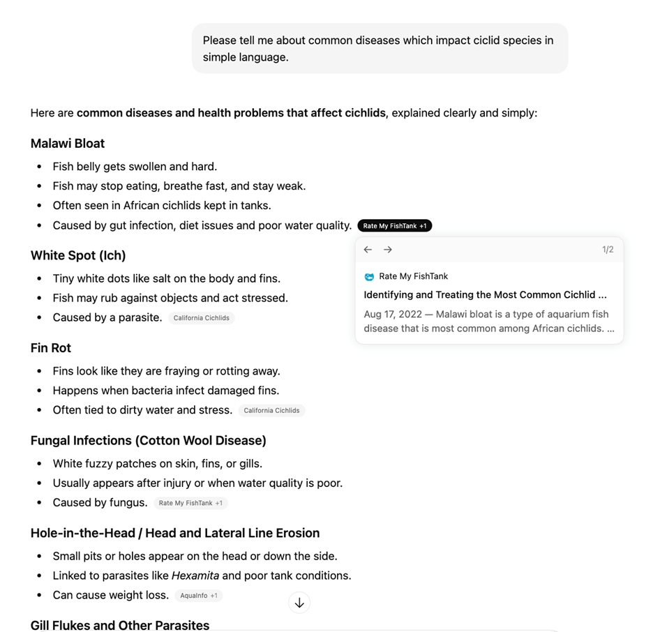 A conversation with ChatGPT starting with the prompt “Please tell me about common diseases which impact ciclid species in simple language” The responses include a list of diseases with details and links to webpages where information was pulled from.