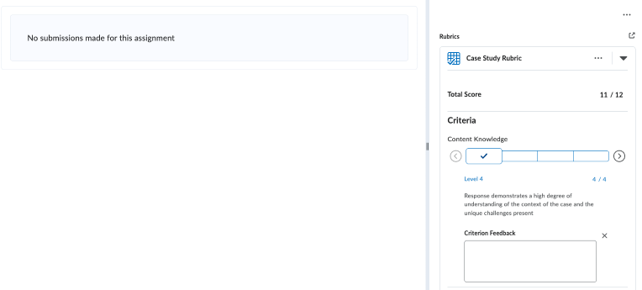 A rubric in the instructor view of an assignment window in Owl Brightspace, showing an example rubric in a window on the right hand side, with the score 4/4 highlighted, and the corresponding feedback entered below.