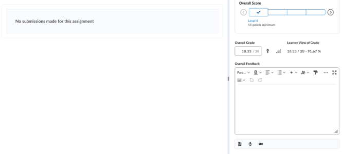 A rubric in the instructor view of an assignment window in Owl Brightspace, with an ‘Overall Feedback’ box at the bottom for additional comments