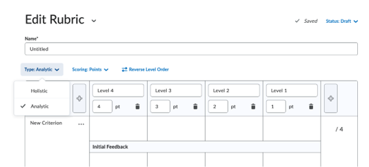 An empty rubric template in Owl Brightspace under the heading ‘Edit Rubric’. A drop-down menu under ‘Type’ offers options ‘Holistic’ or ‘Analytic’