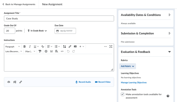 The new assignment tab in Owl Brightspace, with the ‘Evaluation & Feedback’ drop down menu open and ‘Add Rubric’ highlighted.