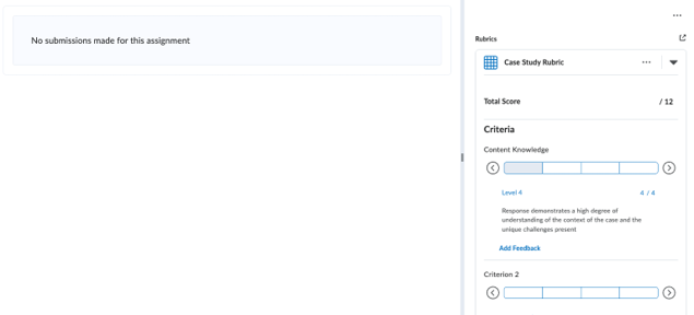 A rubric in the instructor view of an assignment window in Owl Brightspace, showing an example rubric in a window on the right hand side, with the score 4/4 highlighted, and the corresponding feedback entered below.