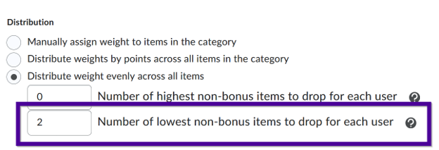 A screenshot of OWL Brightspace showing that the 2 lowest non-bonus items will be dropped for each user. 