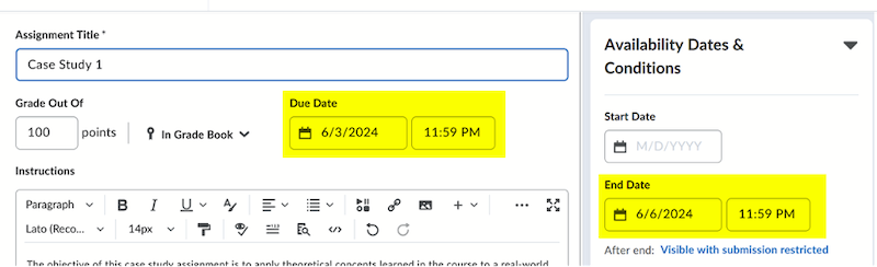 A screenshot of OWL Brightspace showing an assignment with a "Due Date" of June 3rd, 2024 and an "End Date" of June 6th, 2024. 