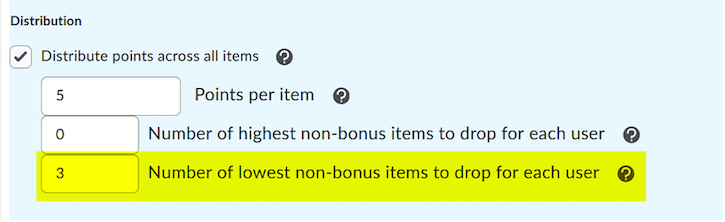 A screenshot of OWL Brightspace showing that the 3 lowest non-bonus items will be dropped for each user. 