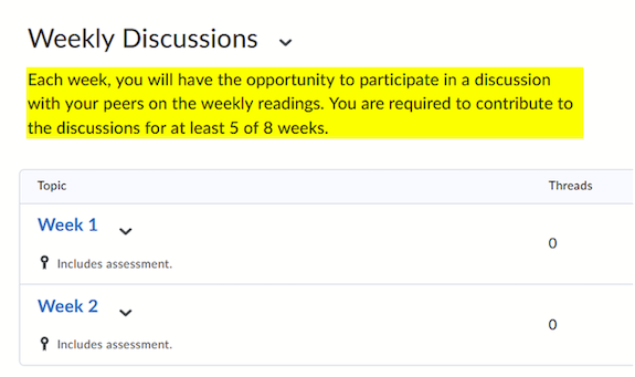 A screenshot of a Weekly Discussions forum in Brightspace with the description "Each week, you will have the opportunity to participate in a discussion with your peers on the weekly readings. You are required to contribute to the discussions for at least 5 of 8 weeks. 